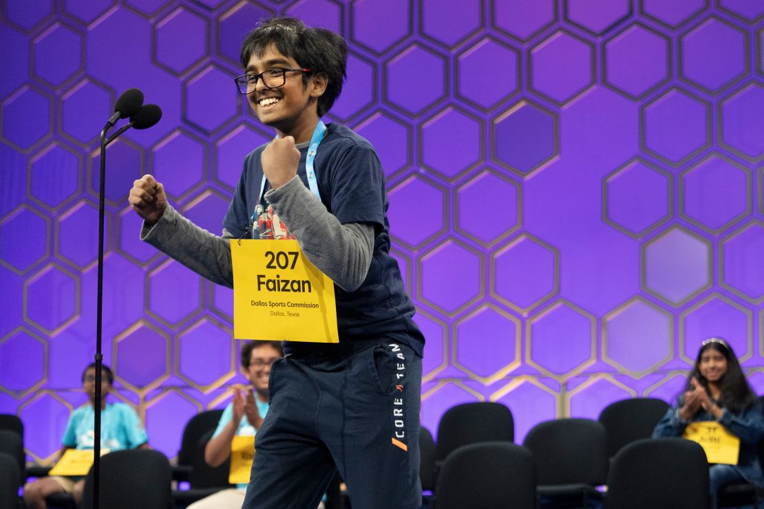 Faizan Zaki, 12, of Allen, Texas, reacts after spelling his final word correctly during the semifinals of the Scripps National Spelling Bee on Wednesday.