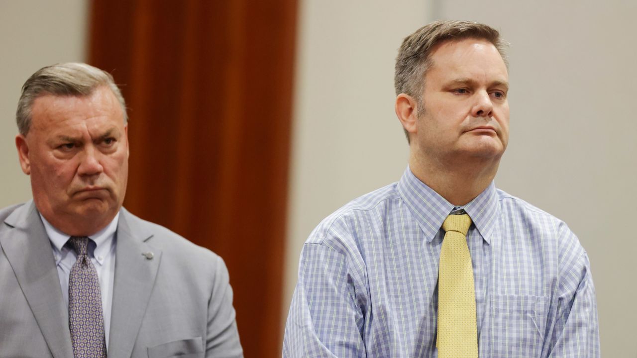 Chad Daybell, right, stands with defense lawyer John Prior as the jury's verdict in his murder trial is read at the Ada County Courthouse in Boise, Idaho, on Thursday, May 30, 2024. Daybell was convicted of killing his wife and his new girlfriend's two youngest kids in a strange triple murder case that included claims of apocalyptic prophesies, zombie children and illicit affairs.