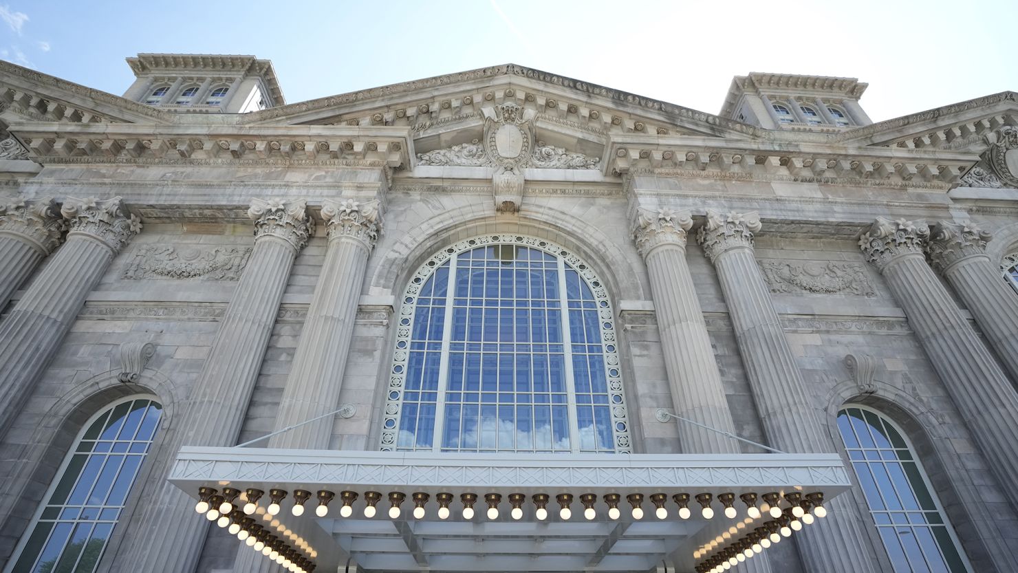 The entrance to the newly renovated Michigan Central Station in Detroit, May 2024.