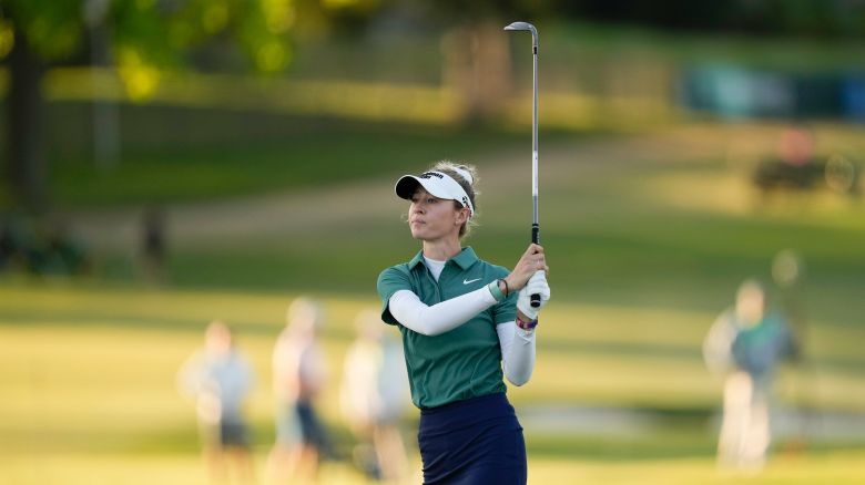 Nelly Korda watches her approach shot on the 18th hole during the second round of the U.S. Women's Open golf tournament at Lancaster Country Club, Friday, May 31, 2024, in Lancaster, Pa.