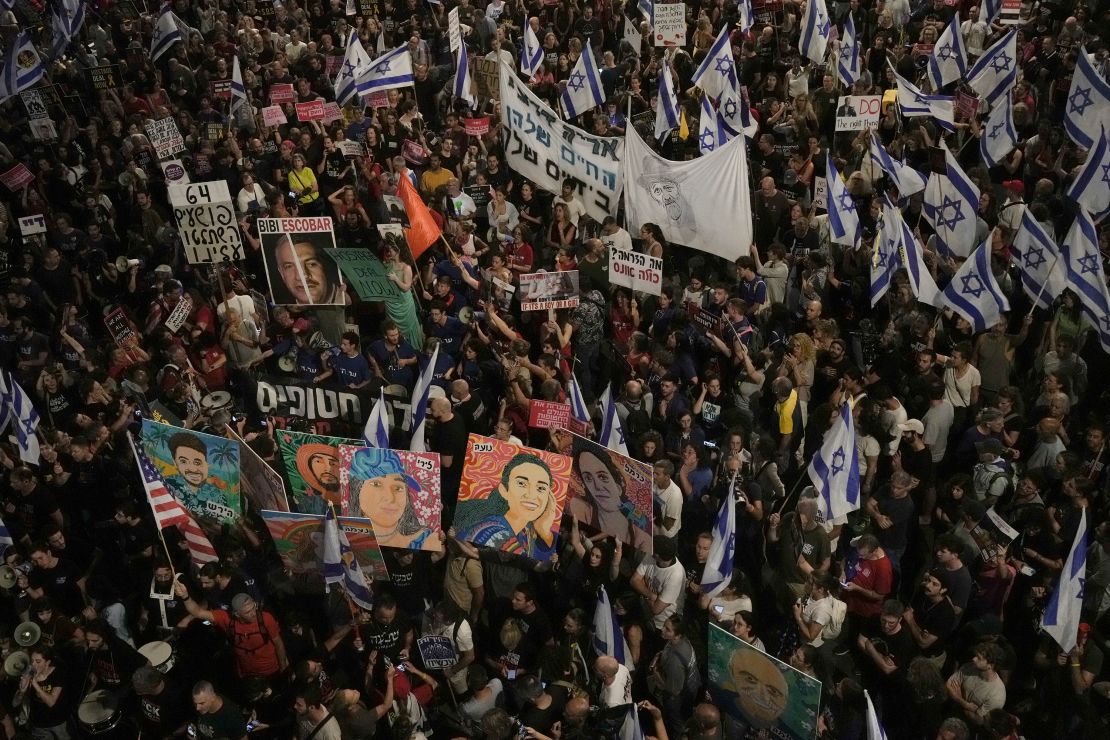 People protest in Tel Aviv on June 1 against Israeli Prime Minister Benjamin Netanyahu's government and call for the release of hostages held in the Gaza Strip by Hamas.