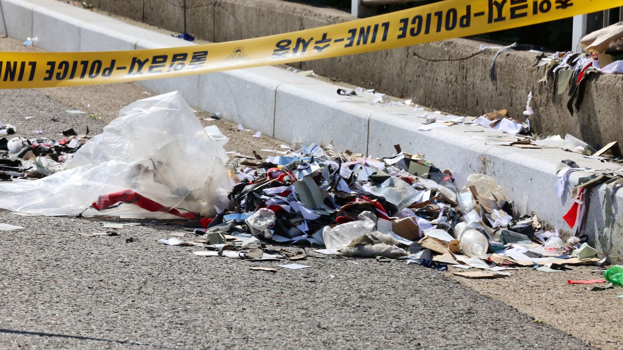 The trash from a balloon presumably sent by North Korea strewn on a roadside in Incheon, South Korea, on June 2, 2024.