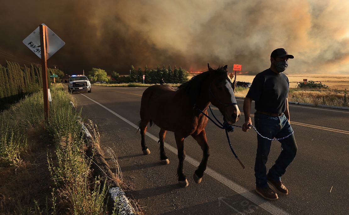 A resident evacuates his horse as the Corral Fire bears down on ranches west of Tracy, California, on June 1, 2024.