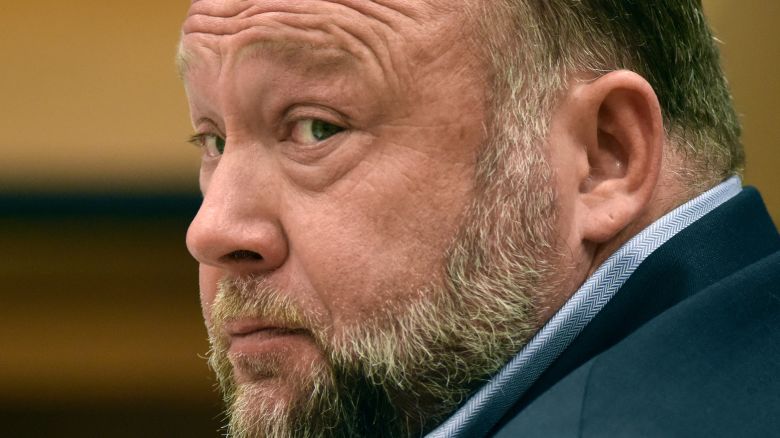 In this September 2022 file photo, Infowars founder Alex Jones appears in court to testify during the Sandy Hook defamation damages trial at Connecticut Superior Court in Waterbury, Conecticut.