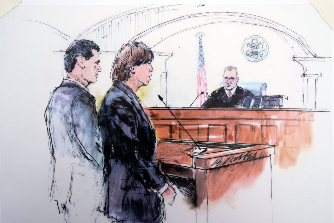 In this courtroom sketch, defense attorney Michael G. Freedman, left, and Ippei Mizuhara appear in front of US District Judge John Holcomb in federal court in Los Angeles on Tuesday.