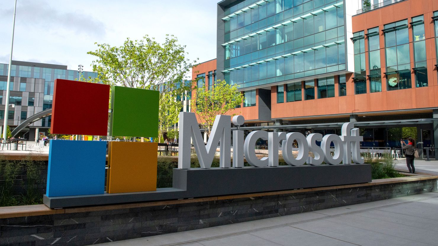 The Microsoft logo can be seen at the headquarters of the software company.