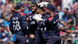 United States' Muhammad Ali-Khan, second right, celebrates with teammates after the dismissal of Pakistan's Fakhar Zaman during the ICC Men's T20 World Cup cricket match between United States and Pakistan at the Grand Prairie Stadium in Grand Prairie, Texas, Thursday, June 6, 2024. (AP Photo/Tony Gutierrez)