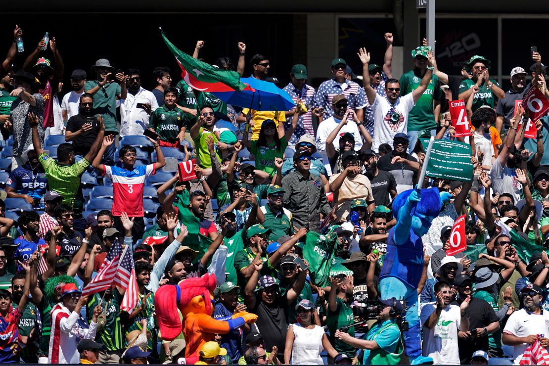 Fans react after a boundary hit by Pakistan batsman during the ICC Men's T20 World Cup cricket match between United States and Pakistan at the Grand Prairie Stadium in Grand Prairie, Texas, Thursday, June 6, 2024.