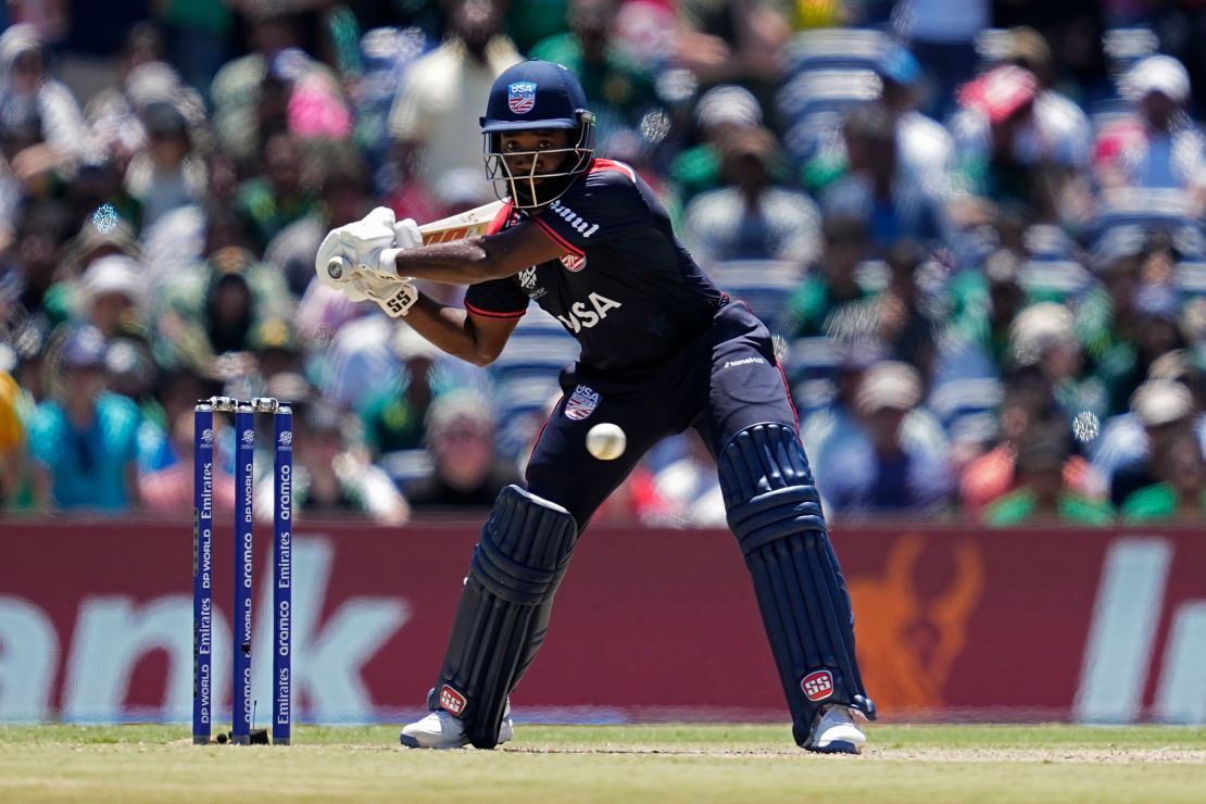 United States' Aaron Jones plays a shot in Super Over during the ICC Men's T20 World Cup cricket match between United States and Pakistan at the Grand Prairie Stadium in Grand Prairie, Texas, Thursday, June 6, 2024.