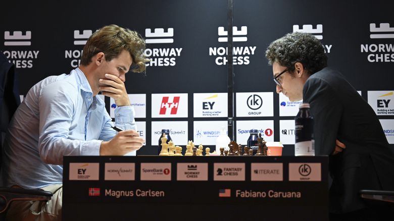 Norway's Magnus Carlsen and Fabiano Caruana of the U.S. play, during the Norway Chess Open 2024, in Stavanger, Norway, Friday, June 7, 2024. (Carina Johansen /NTB Scanpix via AP)
