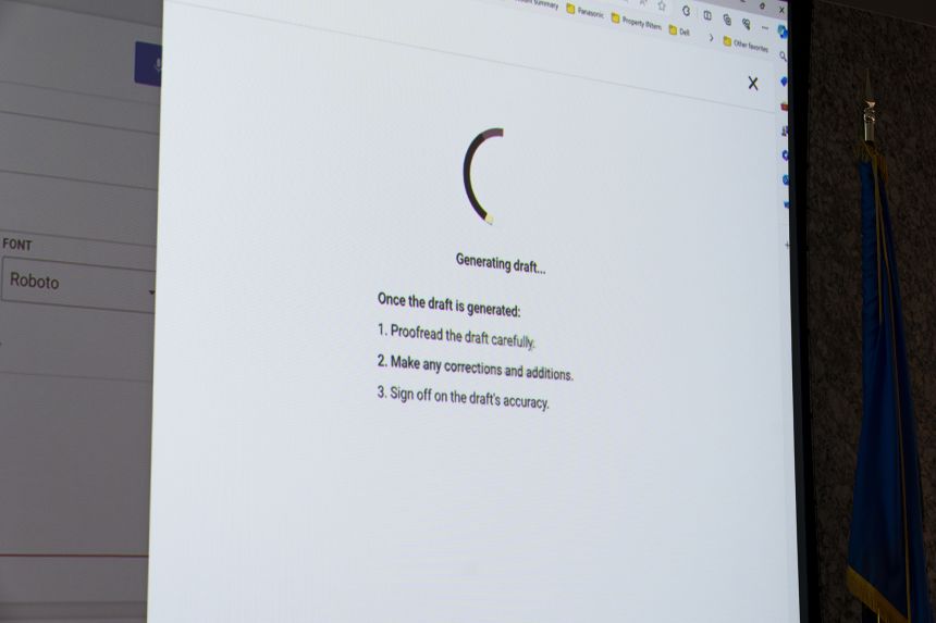 Draft One, an AI software that creates police reports from body cam audio, is demonstrated on a screen at OKCPD headquarters on Friday, May 31, 2024 in Oklahoma City, Oklahoma.