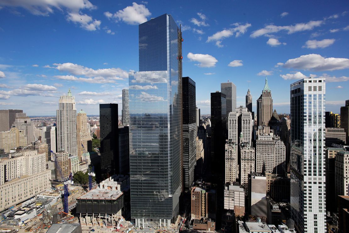 4 World Trade Center, center, the 978-foot building designed by Pritzker Prize-winning architect Fumihiko Maki, rises above the lower Manhattan skyline in New York on Sept. 5, 2013.