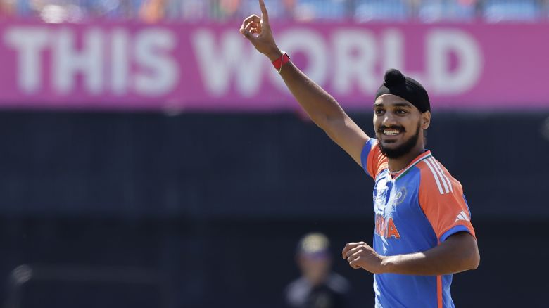 India's Arshdeep Singh celebrates the dismissal of United States' Shayan Jahangir during the ICC Men's T20 World Cup cricket match between United States and India at the Nassau County International Cricket Stadium in Westbury, New York, Wednesday, June 12, 2024. (AP Photo/Adam Hunger)