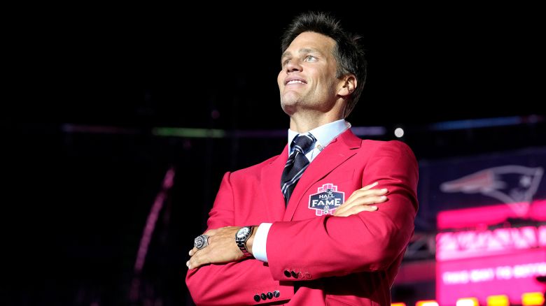 Former New England Patriots quarterback Tom Brady looks into the crowd at the conclusion of Patriots Hall of Fame induction ceremonies for Brady at Gillette Stadium, Wednesday, June 12, 2024, in Foxborough, Massachusetts.