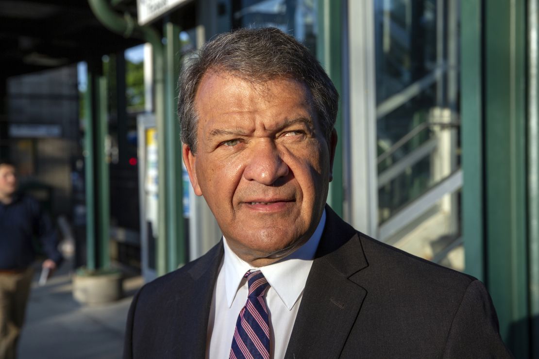 Westchester County Executive George Latimer campaigns at a train station in White Plains, New York, on June 13, 2024.