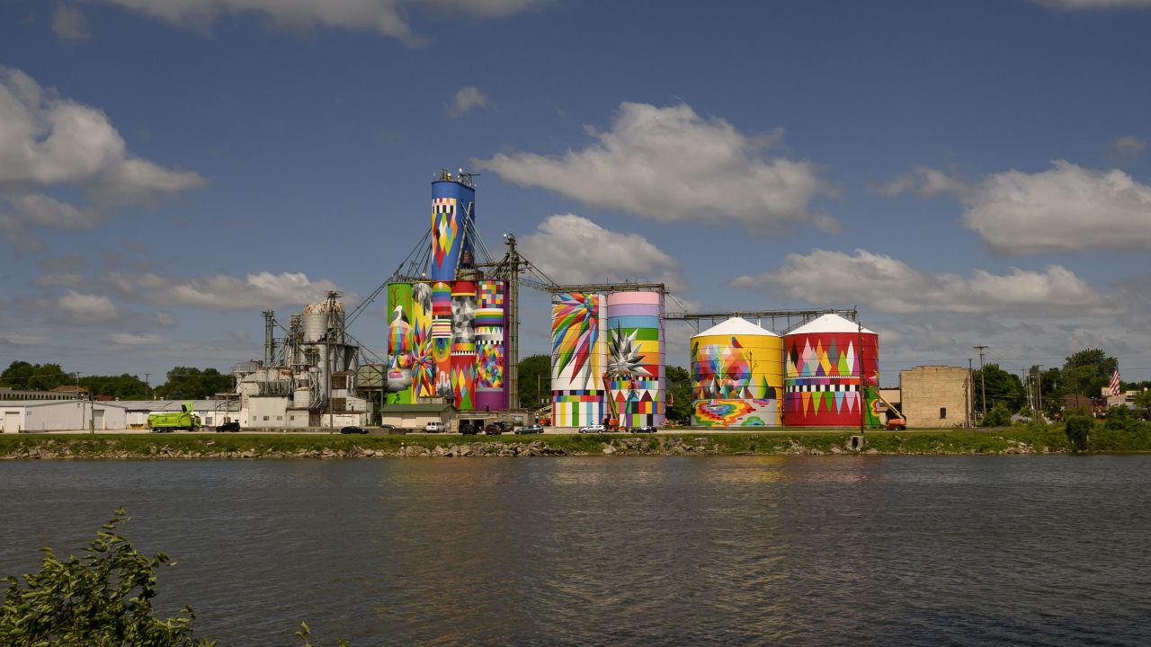 The Shine Bright Saginaw Mural Project can be seen across the Saginaw River in Saginaw, Michigan on June 10, 2024.