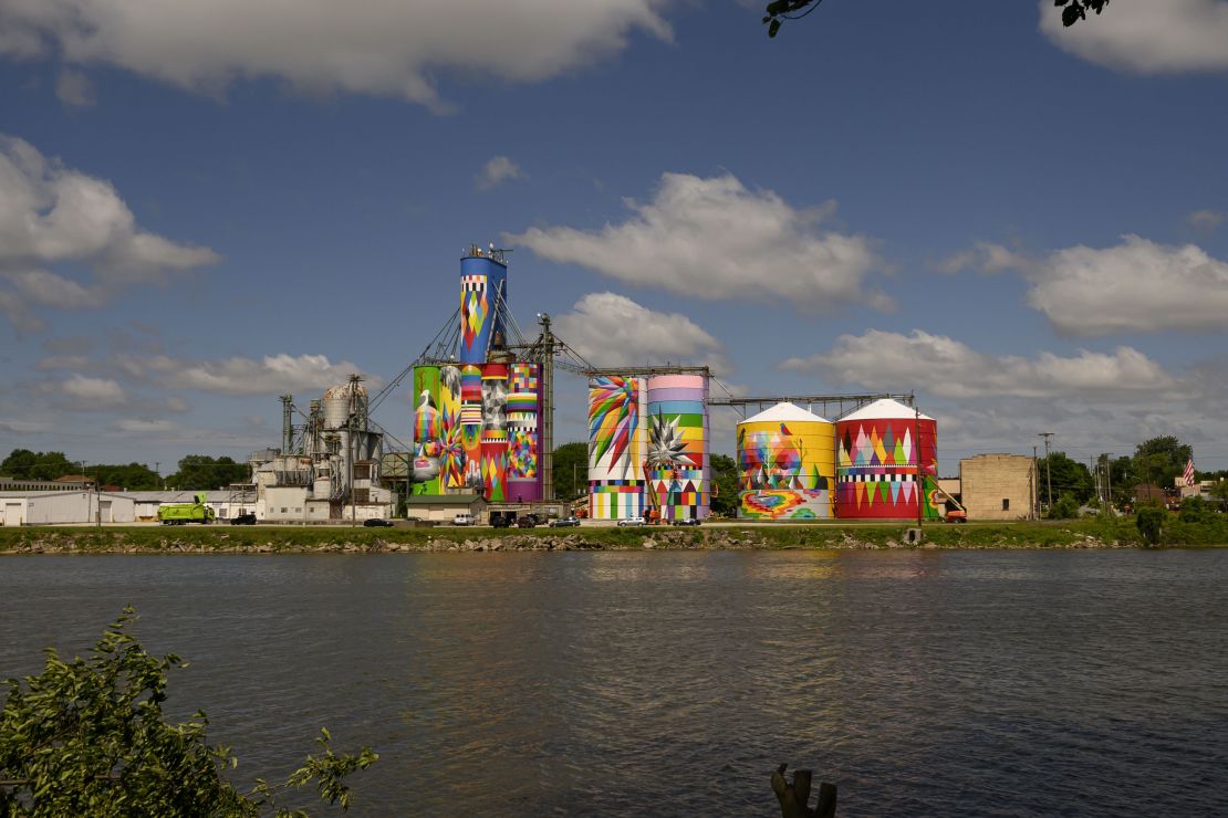 The Shine Bright Saginaw Mural Project can be seen across the Saginaw River in Saginaw, Michigan, on June 10, 2024.