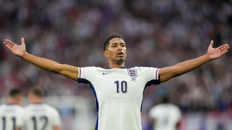 England's Jude Bellingham celebrates after scoring the opening goal during a Group C match between Serbia and England at the Euro 2024 soccer tournament in Gelsenkirchen, Germany, Sunday, June 16, 2024.