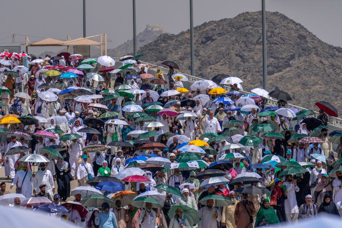 Muslim pilgrims use umbrellas to shield themselves from the sun as they arrive to cast stones at pillars in the symbolic stoning of the devil, in Mina, near Mecca, Saudi Arabia, on June 18.