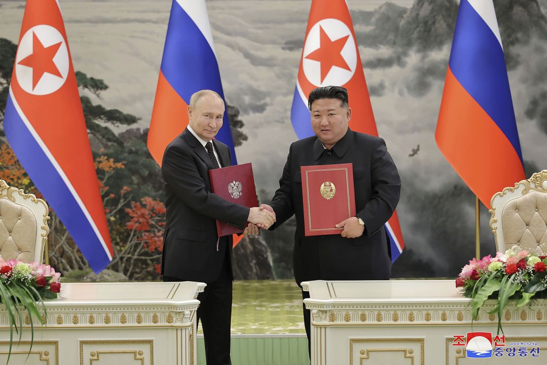 North Korean leader Kim Jong Un and Russian President Vladimir Putin after signing a comprehensive strategic partnership on June 19, 2024 in Pyongyang, North Korea.