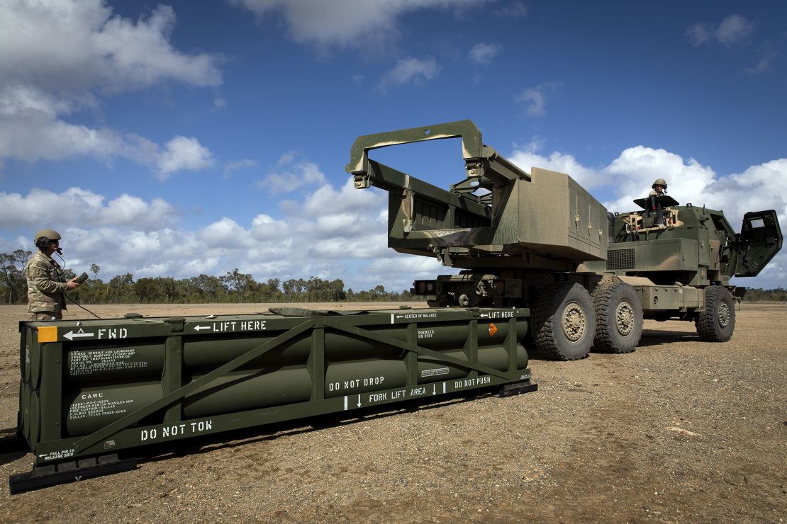 An ATACMS will be loaded onto a HIMARS in Queensland, Australia, in July 2023.