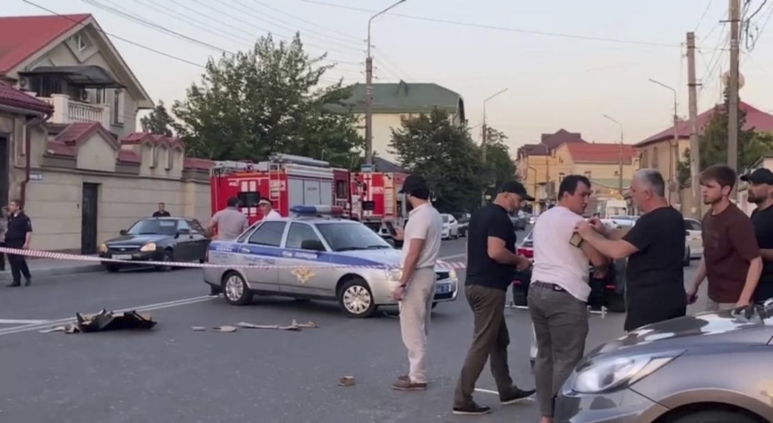 The aftermath of an attack in Makhachkala, Republic of Dagestan, Russia is seen in a video screengrab.