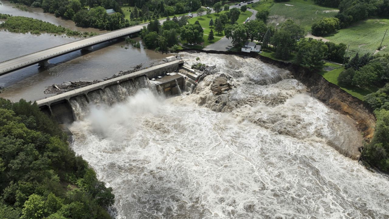 Heavy rains cause high water levels at the Rapidan Dam near Mankato, Minn., Monday, June 24, 2024. Officials say the dam is threatened with “imminent failure.” (AP Photo/Mark Vancleave)