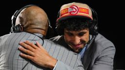 Zaccharie Risacher reacts during an interview, after being selected by the Atlanta Hawks as the first pick during the first round in the NBA basketball draft on June 26, 2024, in New York.