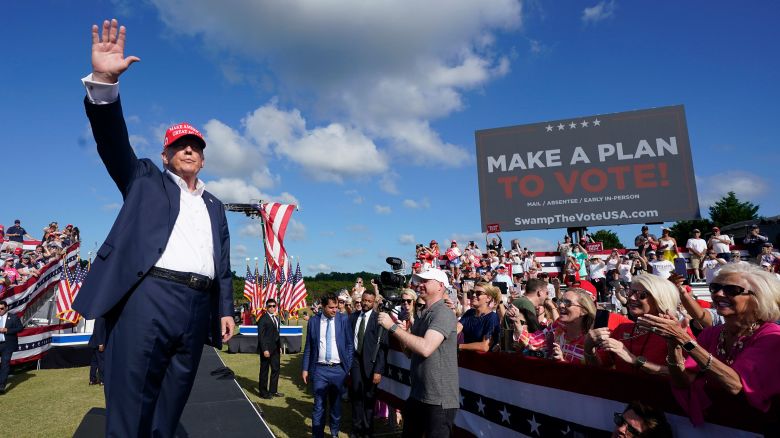 Former President Donald Trump waves to the crowd at a campaign rally in Chesapeake, Virginia, on Friday June 28, 2024.