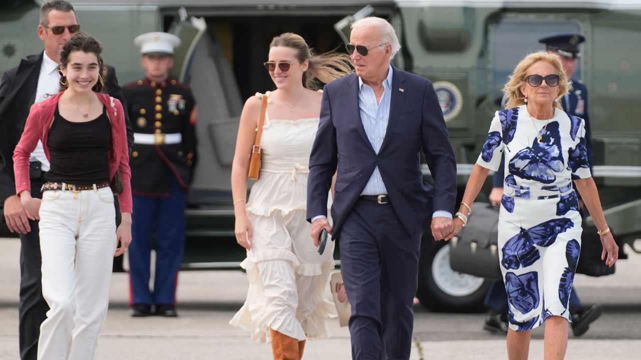 President Joe Biden, center right, and first lady Jill Biden, right, arrive on Marine One with granddaughters Natalie Biden, from left, and Finnegan Biden, at East Hampton Airport, Saturday, June 29, 2024, in East Hampton, N.Y. (AP Photo/Evan Vucci)