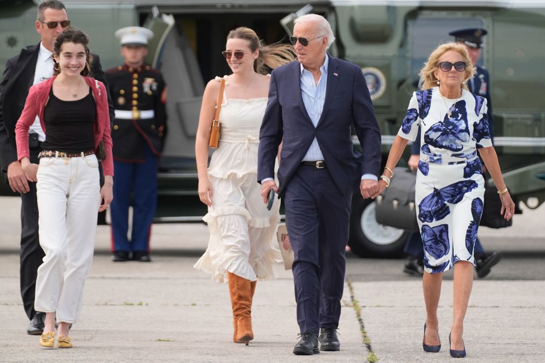 President Biden and first lady Jill Biden, right, arrive on Marine One with granddaughters Natalie Biden, from left, and Finnegan Biden in East Hampton, N.Y. on Saturday -- two days after his disappointing debate performance.