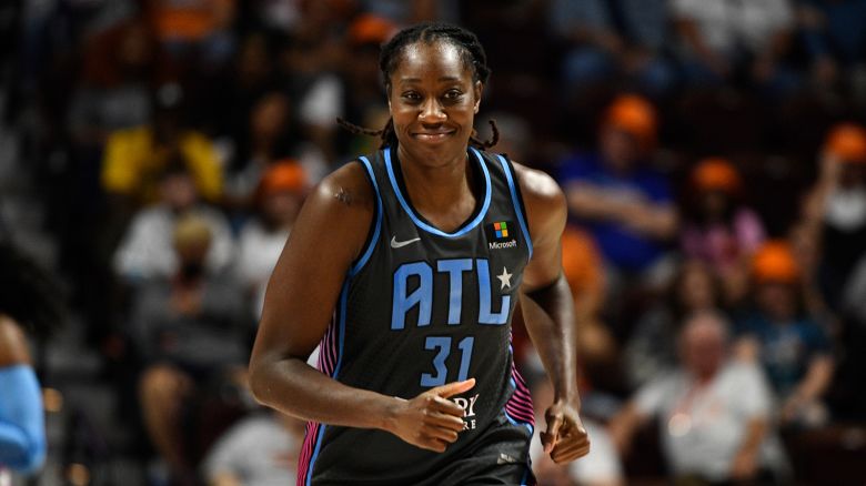 Atlanta Dream center Tina Charles (31) looks on during a WNBA game between the Atlanta Dream and the Connecticut Sun on June 28, 2024, at Mohegan Sun Arena in Uncasville, CT.