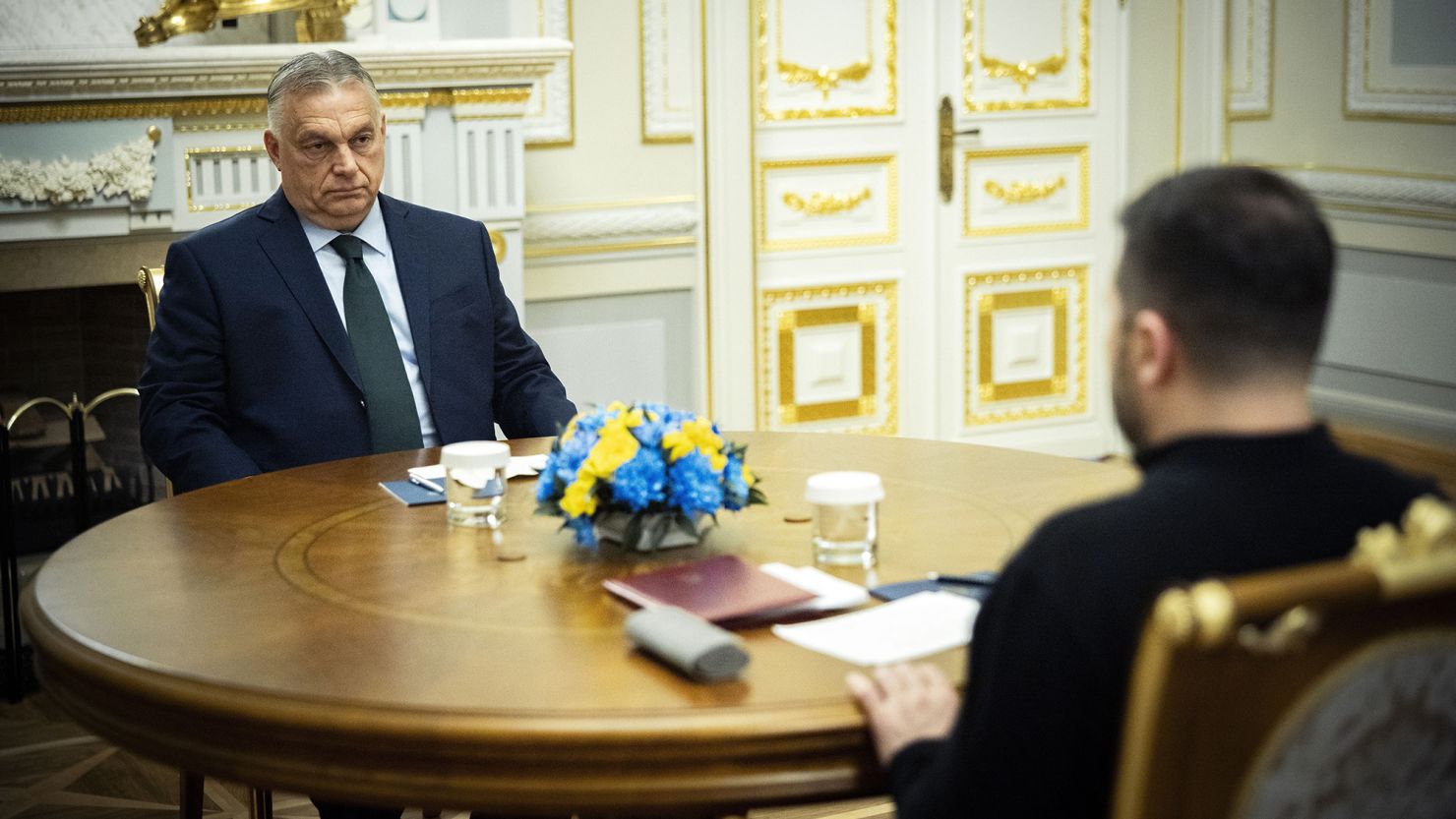 Ukrainian President Volodymyr Zelensky, right, and Hungarian Prime Minister Viktor Orban hold a meeting in Kyiv, Ukraine, Tuesday, July 2, 2024.