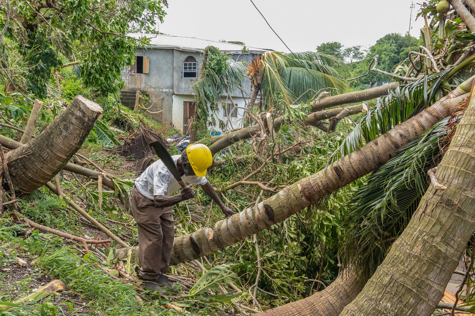 Pastor Winston Alleyne clears trees felled by Hurricane Beryl in St. Vincent and the Grenadines on July 2.