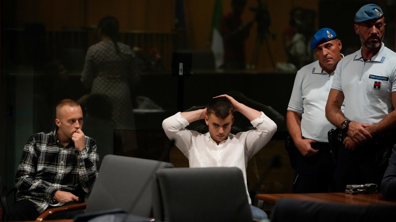 Finnegan Lee Elder, left, and Gabriel Natale-Hjorth, sit before the reading of the judgment at the end of a hearing for their appeal in Rome, Italy, on July 3, 2024.