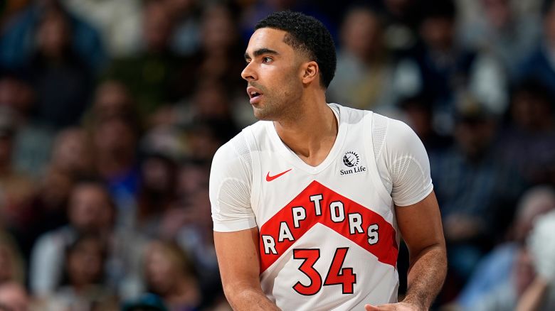 FILE - Toronto Raptors center Jontay Porter (34) looks to pass in the first half of an NBA basketball game Monday, March 11, 2024, in Denver. Court papers indicate that former Toronto Raptors player Jontay Porter will be charged with a federal felony connected to the sports betting scandal that spurred the NBA to ban him for life.
(AP Photo/David Zalubowski, File)
