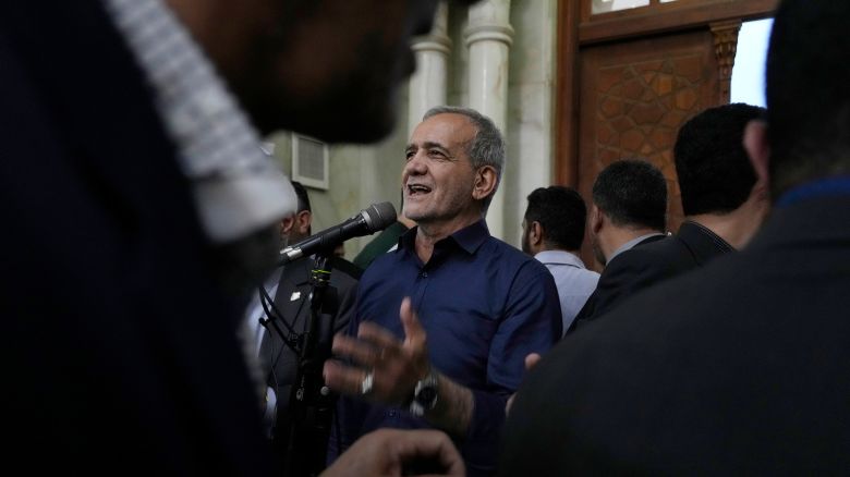 Iran's President-elect Masoud Pezeshkian speaks in a meeting, a day after the presidential election, at the shrine of the late revolutionary founder Ayatollah Khomeini, just outside Tehran, Iran, on July 6, 2024.