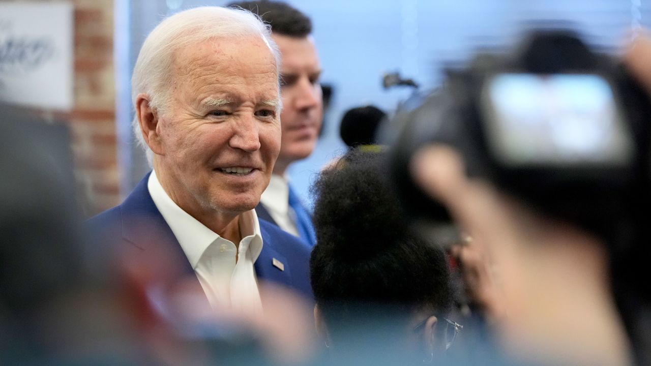 President Joe Biden greets volunteers at a campaign office in Philadelphia on Sunday, July 7, 2024. (AP Photo/Manuel Balce Ceneta)