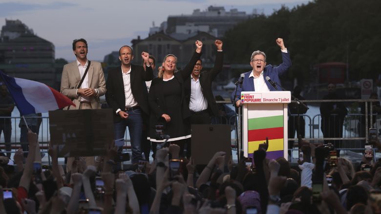 Jean-Luc Melenchon, right, found of the far-left party France Unbowed, clenches his fist with other party members after the second round of the legislative elections on July 7, 2024, in Paris.