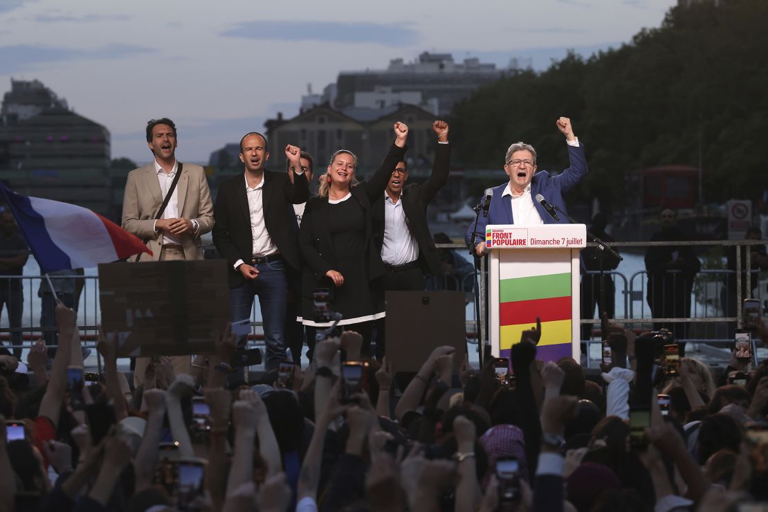 Jean-Luc Mélenchon (right), leader of the far-left France Unbowed party, celebrates the second-round results at a rally in Paris, July 7, 2024.