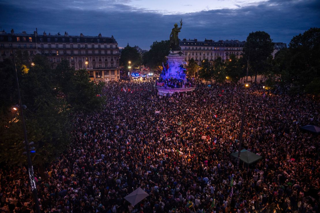 People gather at the Republique plaza in Paris after the second round of voting.