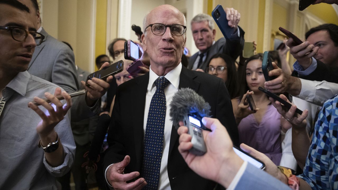 Sen. Peter Welch (D-Vt.) speaks with reporters as he departs a Senate Democratic Caucus meeting at the U.S. Capitol July 9, 2024. (Francis Chung/POLITICO via AP Images)