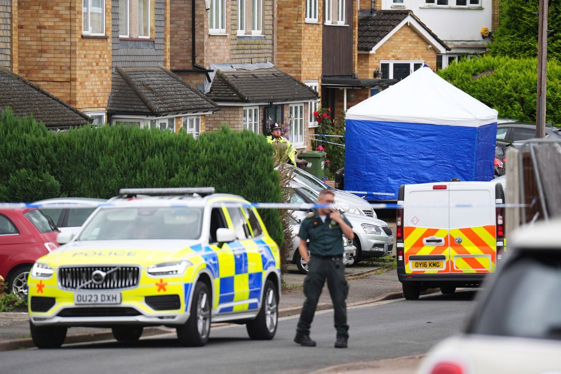 Police and emergency services at the scene of the killings in Bushey, Hertfordshire, England, on July 10, 2024.