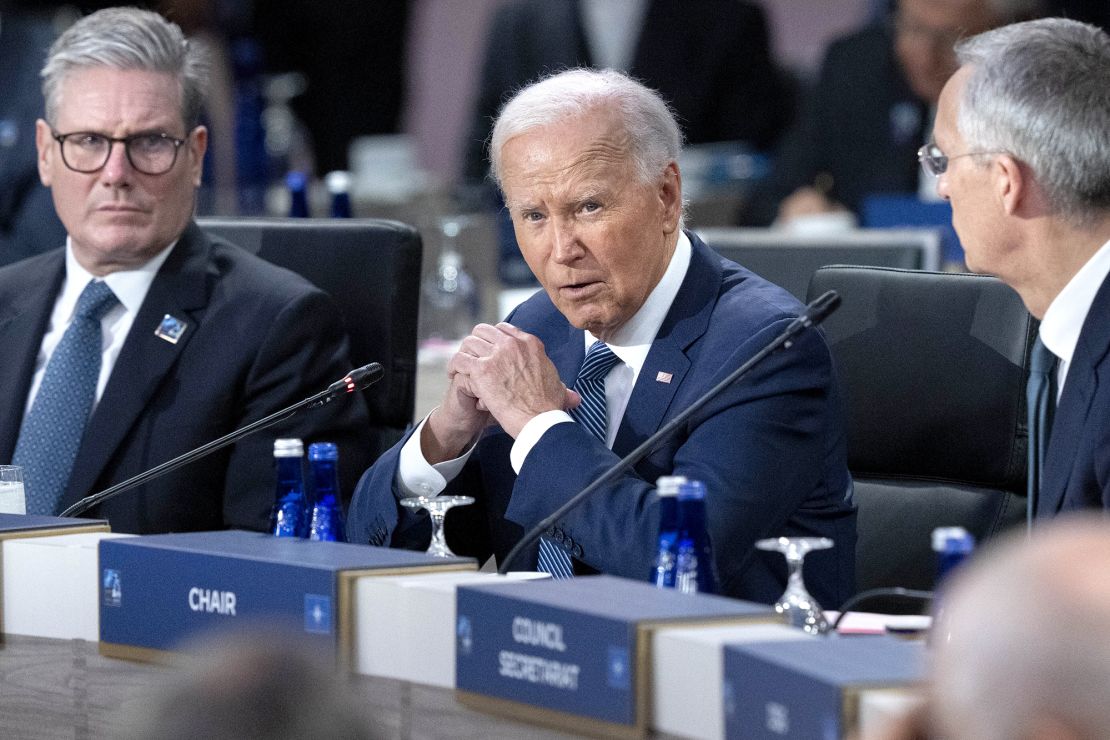 President Joe Biden makes opening remarks during the NATO summit in Washington on Wednesday, July 10, 2024, next to NATO Attorney General Jens Stoltenberg, right, and British Prime Minister Keir Starmer, left. (AP Photo/Jacquelyn Martin)