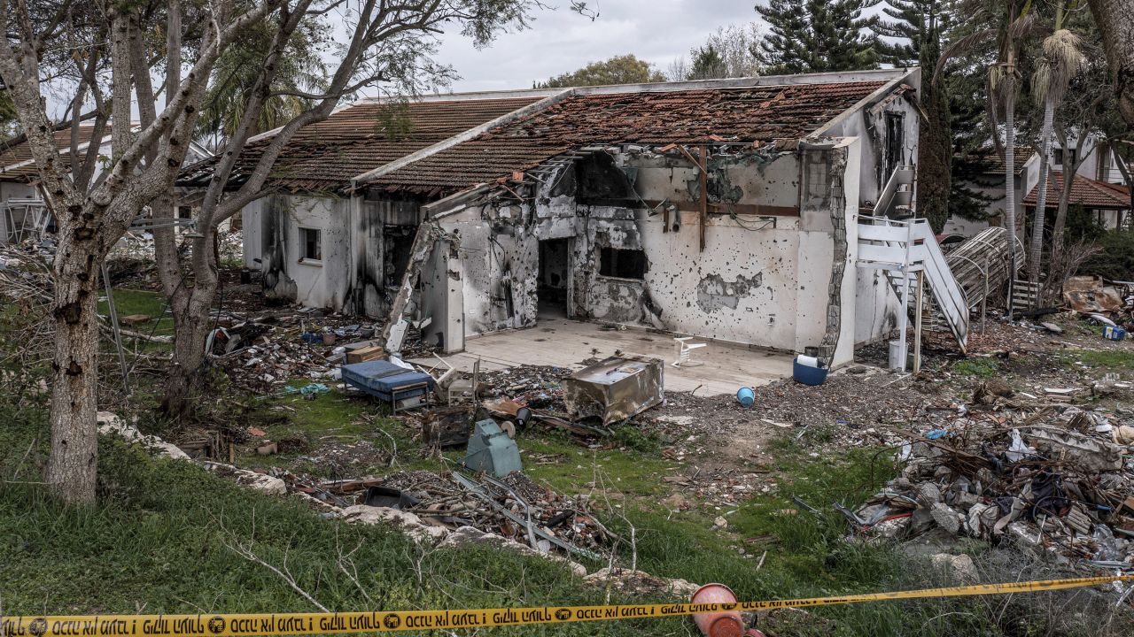 FILE - A battle-scarred home in Kibbutz Be'eri, an Israeli communal farm on the Gaza border, is seen on Thursday, Jan. 11, 2024. Hamas held more than a dozen hostages in the home when it overran southern Israel on Oct. 7. The Israeli military said Thursday that Israeli hostages held in a home that was struck by tank fire last Oct. 7 were killed by Hamas militants, not Israeli shelling, as it released the results of its first investigation into failures during the deadly attack that triggered the nine-month war in Gaza. (AP Photo/Tsafrir Abayov, File)