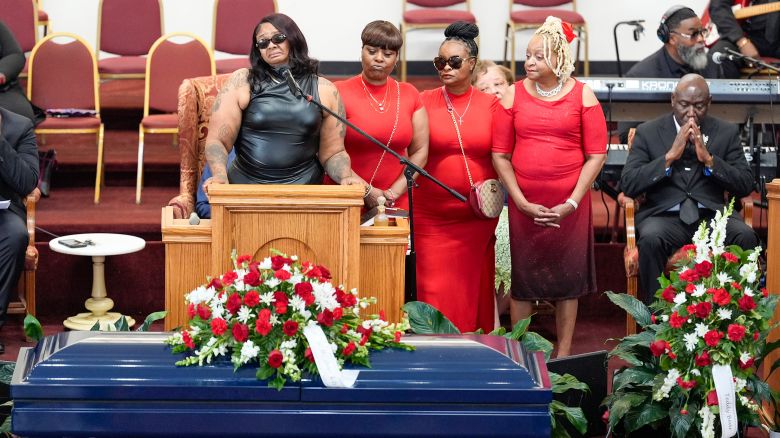 DeAsia Harmon speaks at the funeral for her husband D'Vontaye Mitchell Thursday, July 11, 2024, in Milwaukee. Mitchell died June 30 after an incident at a hotel.