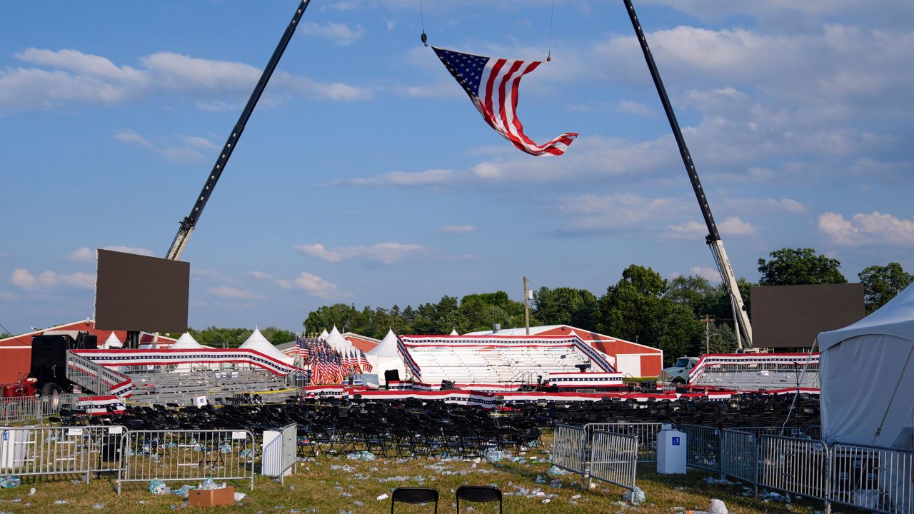 A campaign rally site for Republican presidential candidate former President Donald Trump is empty and littered with debris on Saturday, July 13, 2024, in Butler, Pennsylvania.