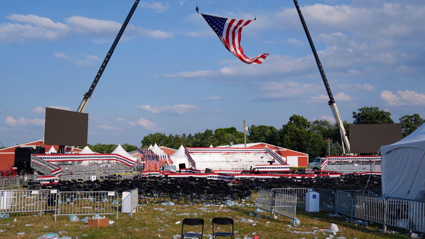 A campaign rally site for Republican presidential candidate former President Donald Trump is empty and littered with debris Saturday, July 13, 2024, in Butler, Pa. (AP Photo/Evan Vucci)