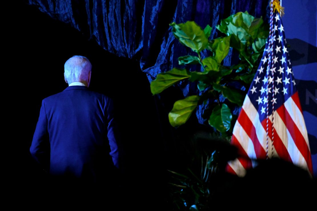 President Joe Biden exits the stage after speaking at the 115th NAACP National Convention in Las Vegas on July 16, 2024.