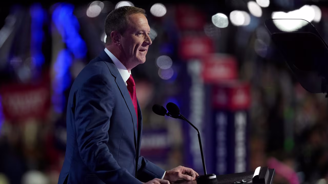 Sen. Eric Schmitt speaks at the Republican National Convention on July 16 in Milwaukee.